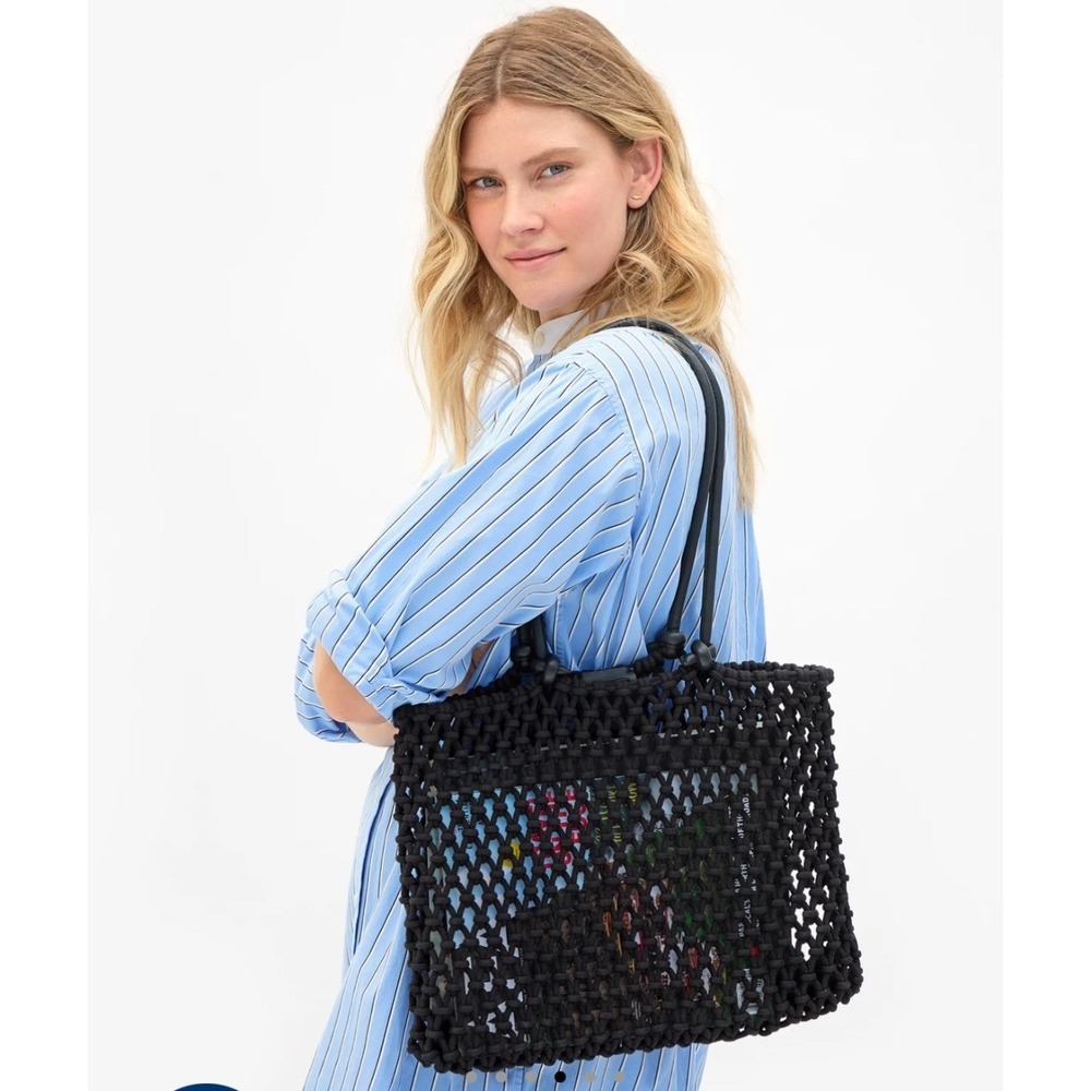 Clare V Black Sandy Tote Bag Cotton Rope Macrame Leather Handles NWT
